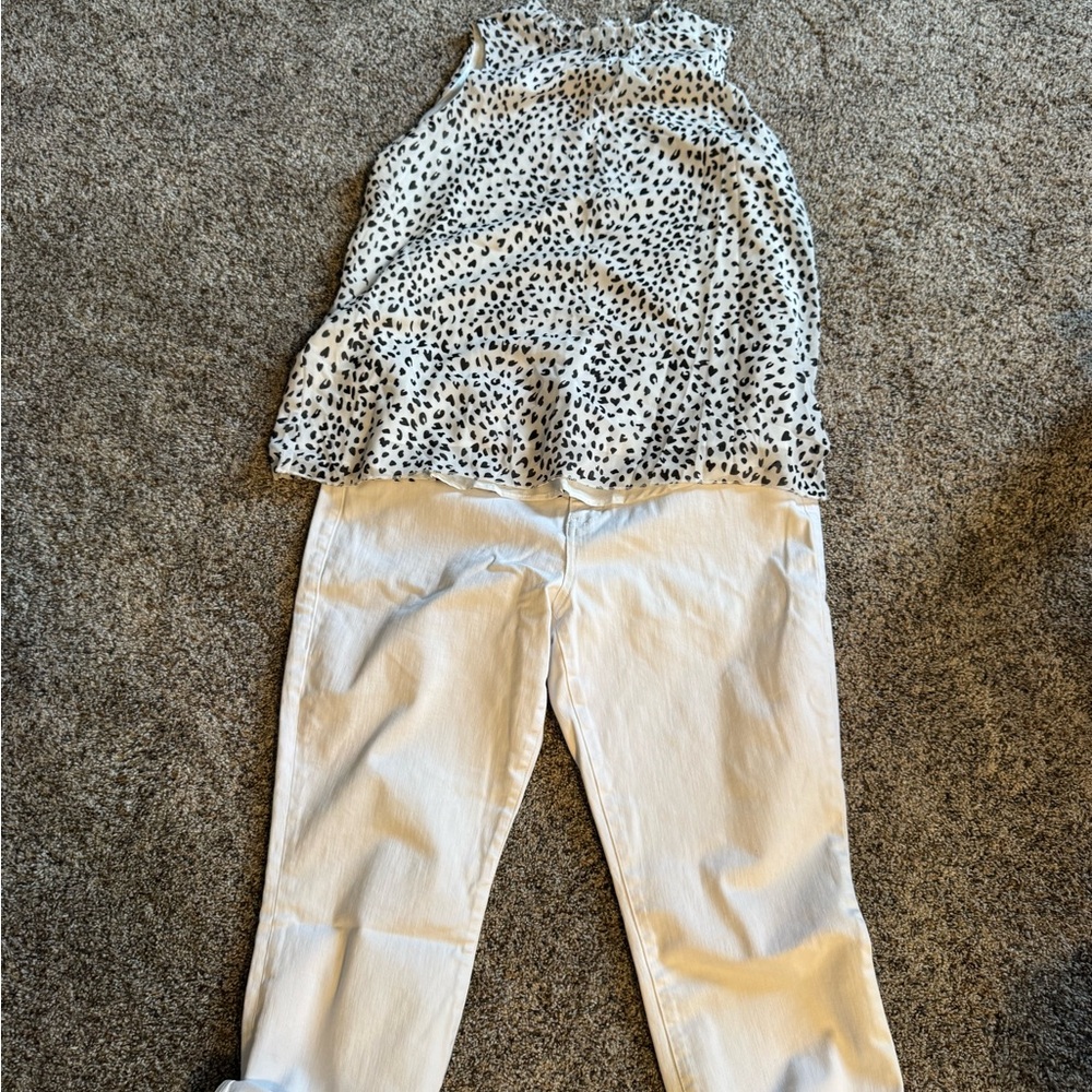 CAbi White Boyfriend Jeans with Black Spot Shell Top